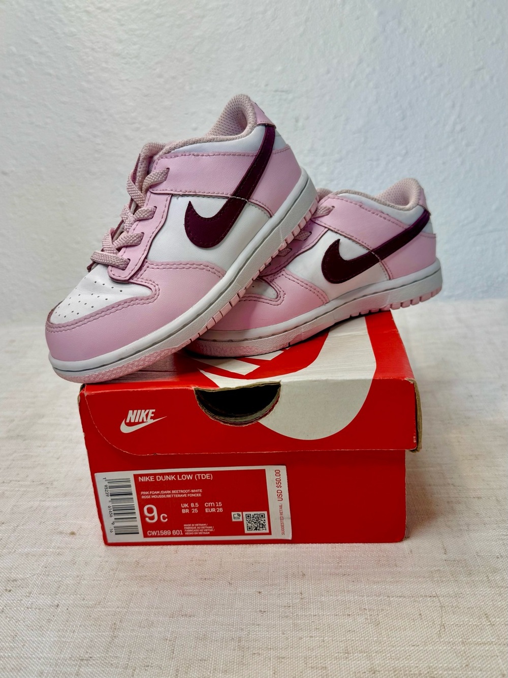 Nike Kids Dunk Low Pink with Maroon Swoosh